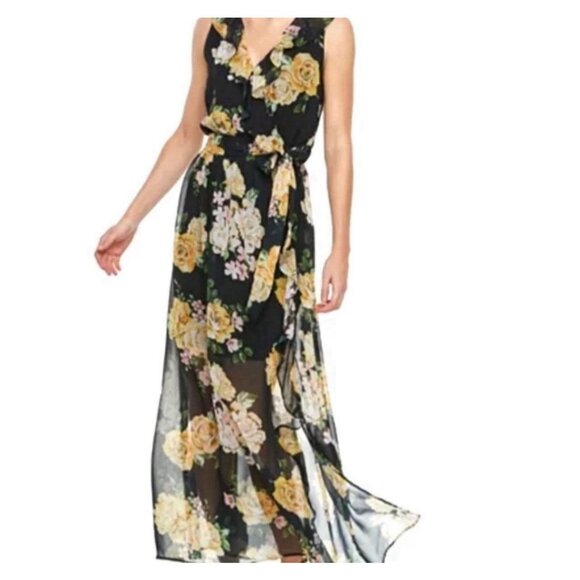 Disney Princess Floral Maxi Dress W/ Belted Waist & Detailed Sheer Overlay Small - Picture 1 of 10